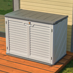 AECOJOY Horizontal Storage Shed with Removable Shelf, Lockable Outdoor Storage Cabinet – 28 Cu.ft, Ivory White