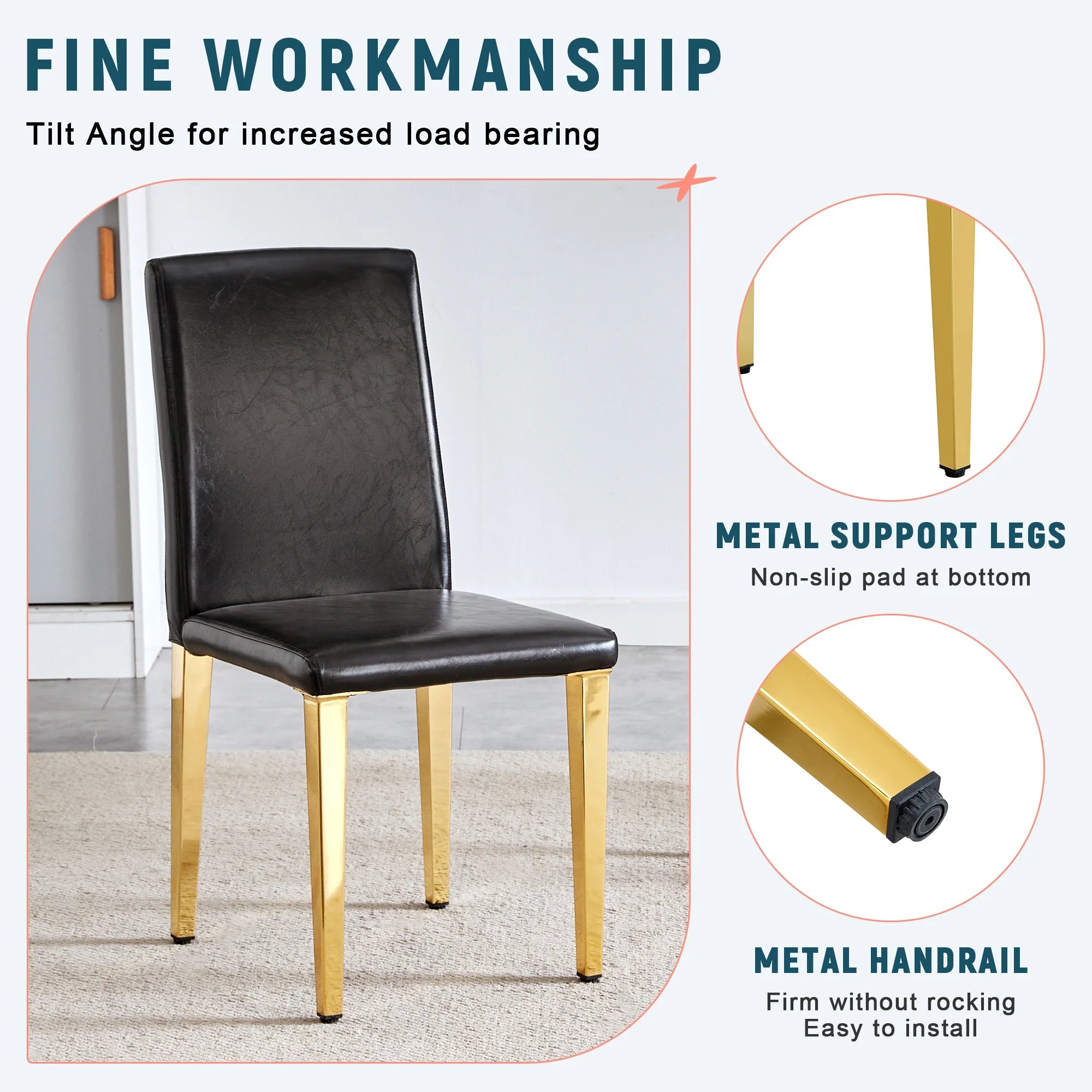 Set of 4 Black PU Leather Backrest Chairs with Gold Metal Legs - A Perfect Pairing, Ideal for Minimalist and Modern Home Decor Styles, with Product Dimensions of 16.2*18.5*34.6 in
