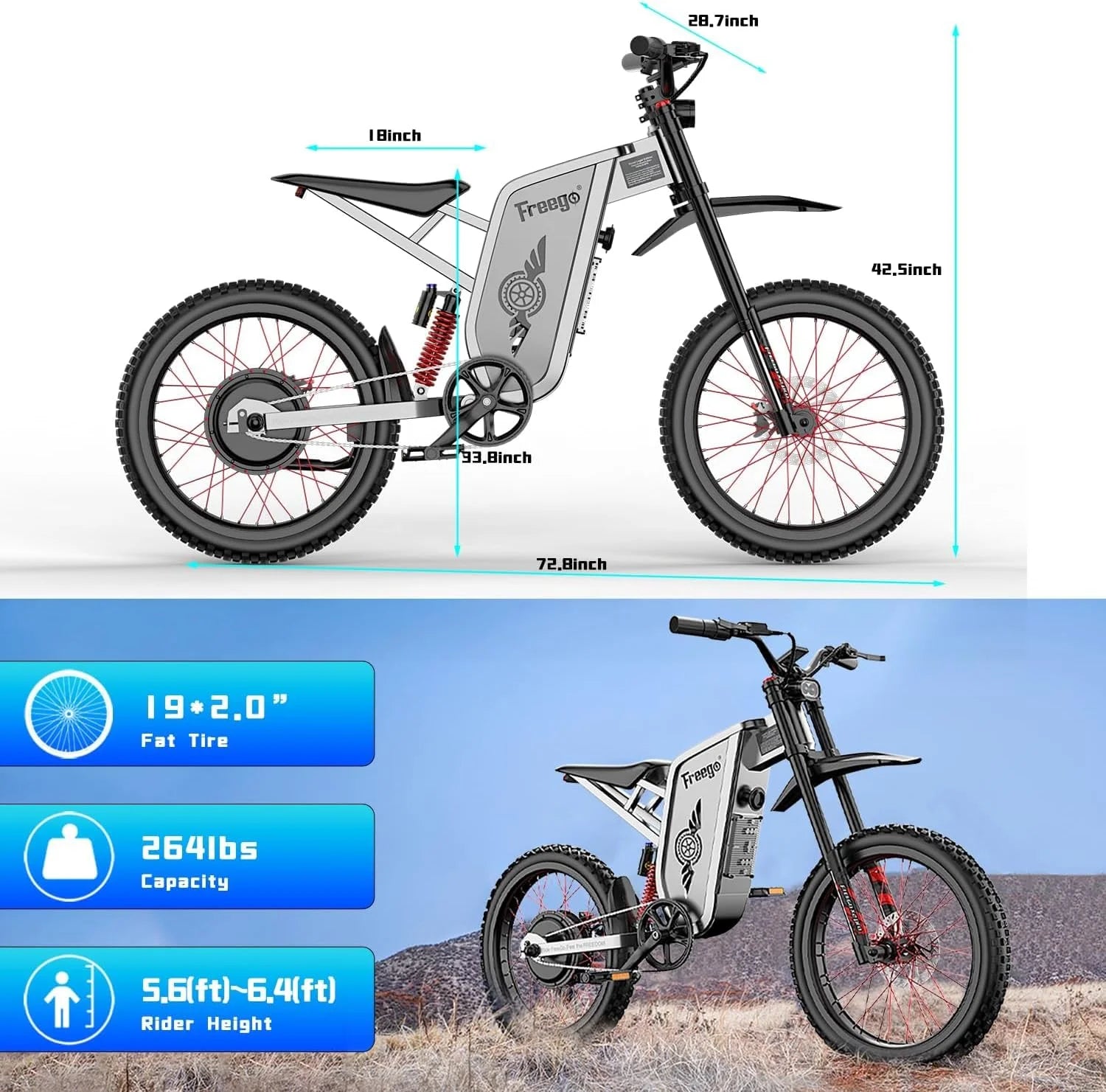 6000W(Peak) Motor 60V/35ah Battery, Freego X2pro Electric Motorcycle for Adults, Electric Bike 50MPH/7 Speed Off Road Electric Bicycle, 19x2 Full Suspension/Four - Piston Hydraulic Brake UL2849MTB