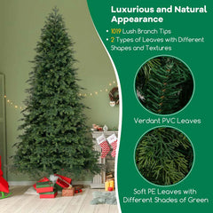 6/7.5 FT Pre-Lit Artificial Christmas Tree, PE/PVC Mixed Tips, Hinged Xmas Tree with Remote, 11 Color-Changing LED Modes, Timer & Metal Stand