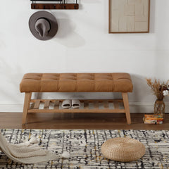 Dayalane Upholstered Storage Bench with Shoe Rack, Linen Fabric Entryway Bench for Living Room, Bedroom and Hallway, Multi Functional Ottoman with Solid Wood Shelf, Beige