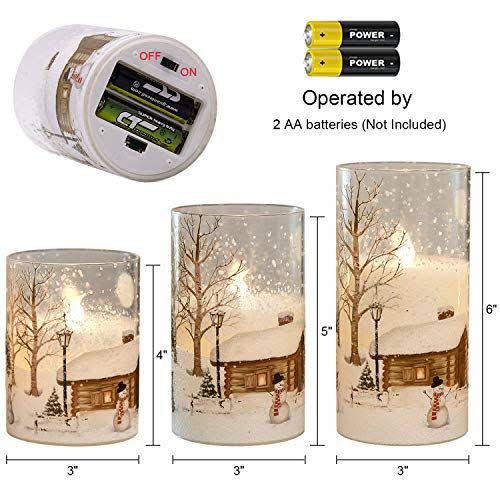 DRomance White Christmas Glass Flickering Flameless Candles Battery Operated with 10-Key Remote and Timer Set of 3 Real Wax Holiday LED Window