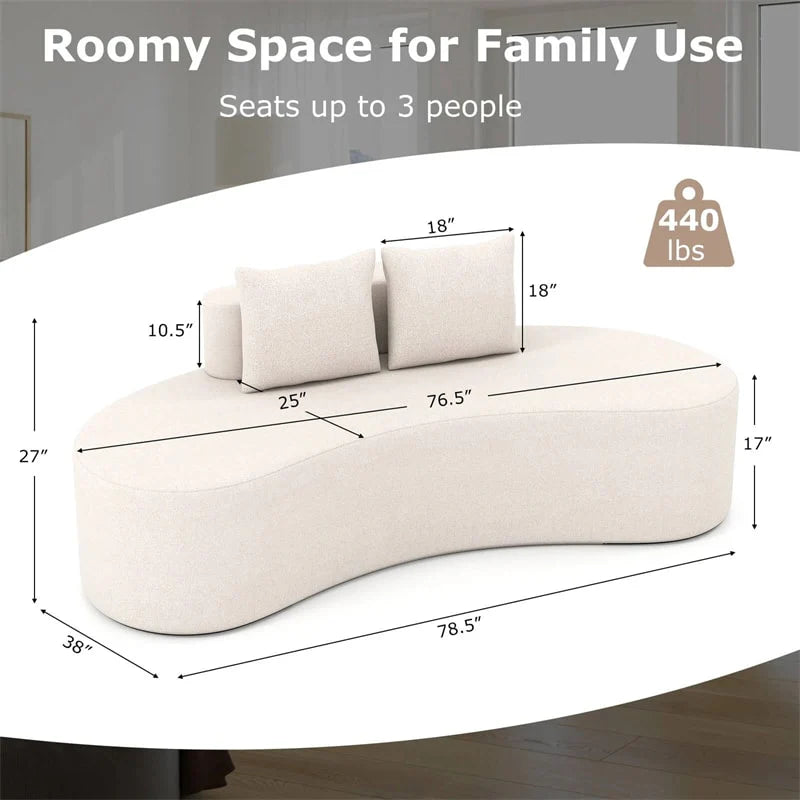 78.5" Upholstered Curved Sofa Couch w/ 2 Cozy Pillows, Low Backrest, Sponge Padded Seat, No Assembly Modern Floor Couch for Living Room Bedroom