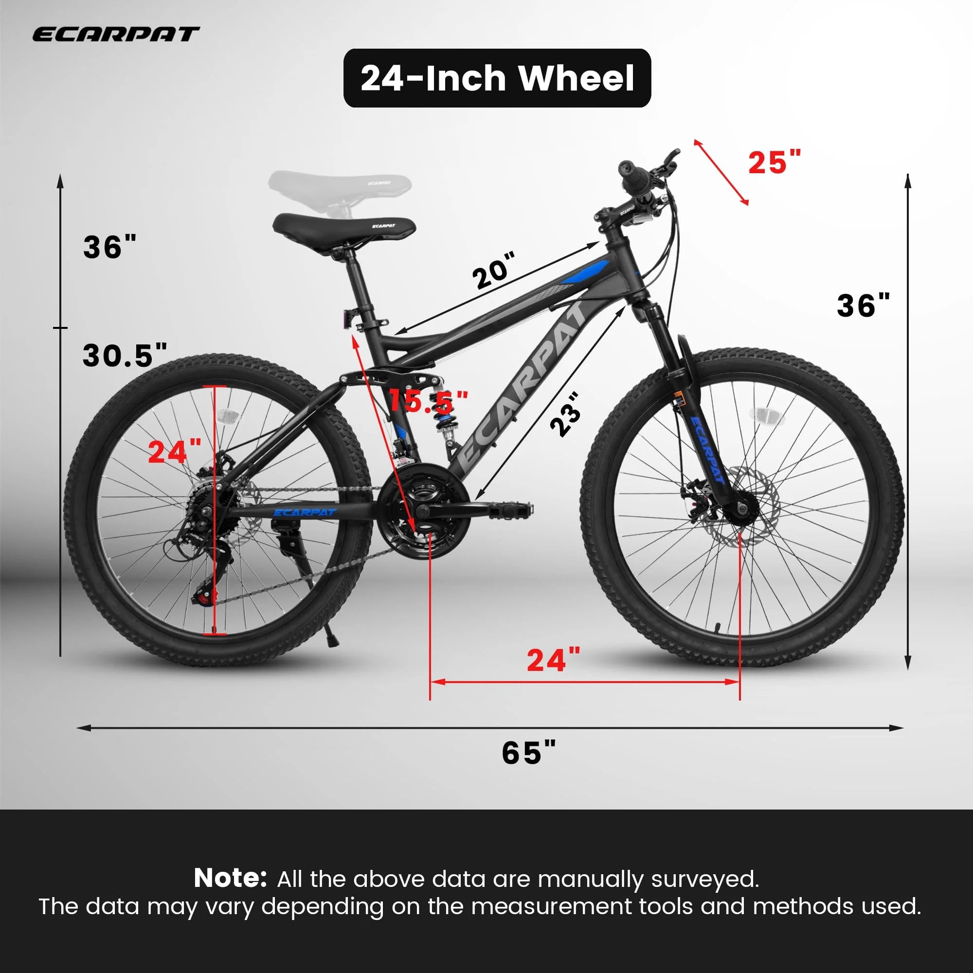 24 in Dual/Front Suspension Mens Womens Mountain Bike, 21 Speeds Dual Disc Brake, High - Carbon Steel Frame, Trail Beach Snow Commuter City Bikes, Black