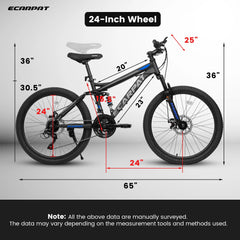 24 in Dual/Front Suspension Mens Womens Mountain Bike, 21 Speeds Dual Disc Brake, High - Carbon Steel Frame, Trail Beach Snow Commuter City Bikes, Black