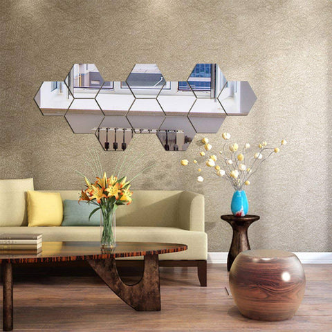 MCLEULLA Mirror Wall Stickers, 12pcs Hexagon Mirror Art DIY Home Decorative Hexagonal Acrylic Mirror Wall Sheet Plastic Mirror Tiles for Home Living