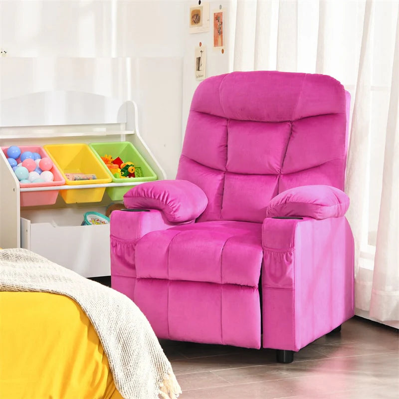 Kids Recliner Chair Adjustable Velvet Lounge Sofa with Cup Holders, 3 Pockets, Retractable Footrest, Toddler Furniture Sofa for Boys Girls Room