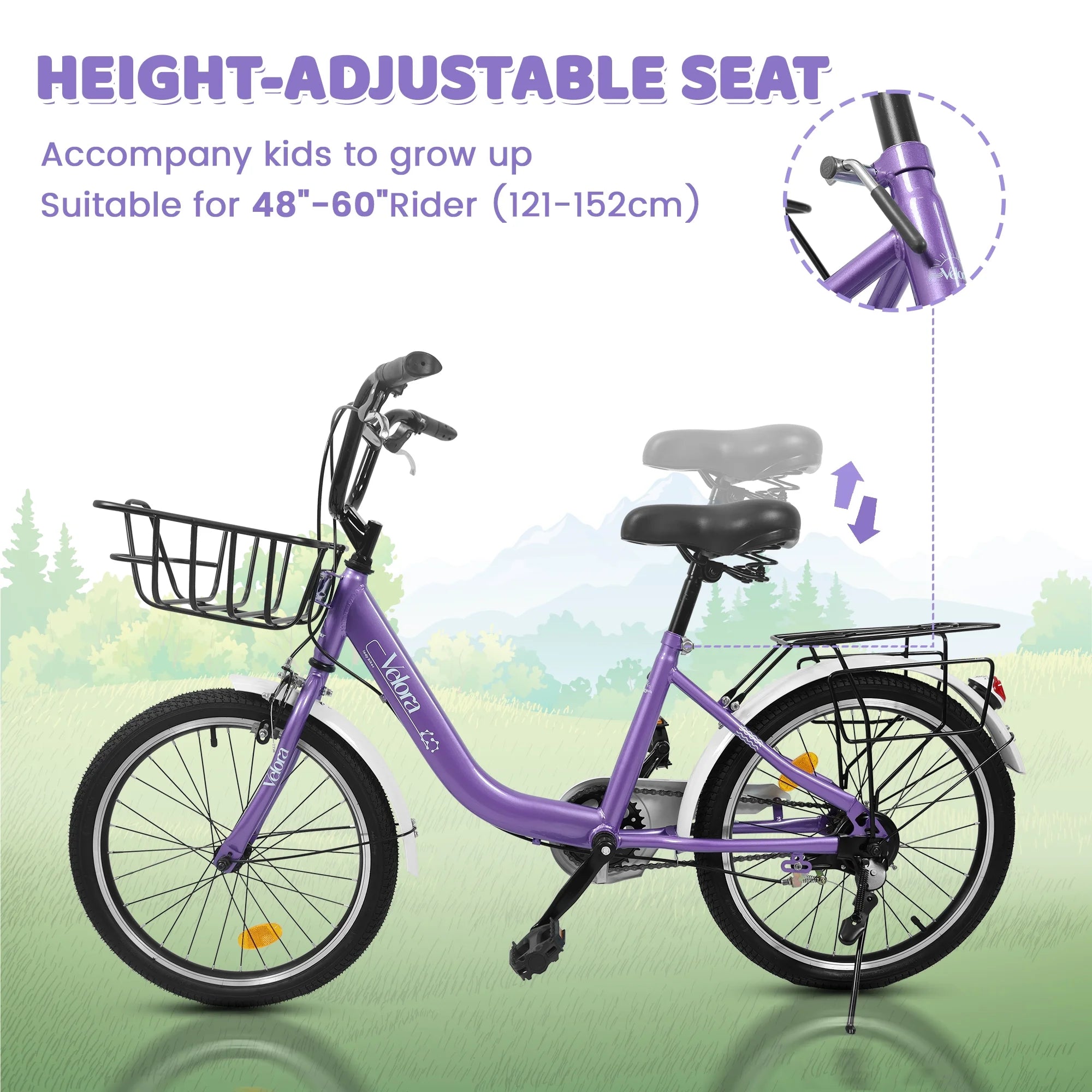 20 in Kids Bike for Boys Girls, 1 Speed Children Bicycle with Basket, Rear Seat, Chain Guard, Coaster Brake and V - Brake, Steel Frame Kids Bike for Ages 6 - 12 Years Old Birthday Gift, Purple