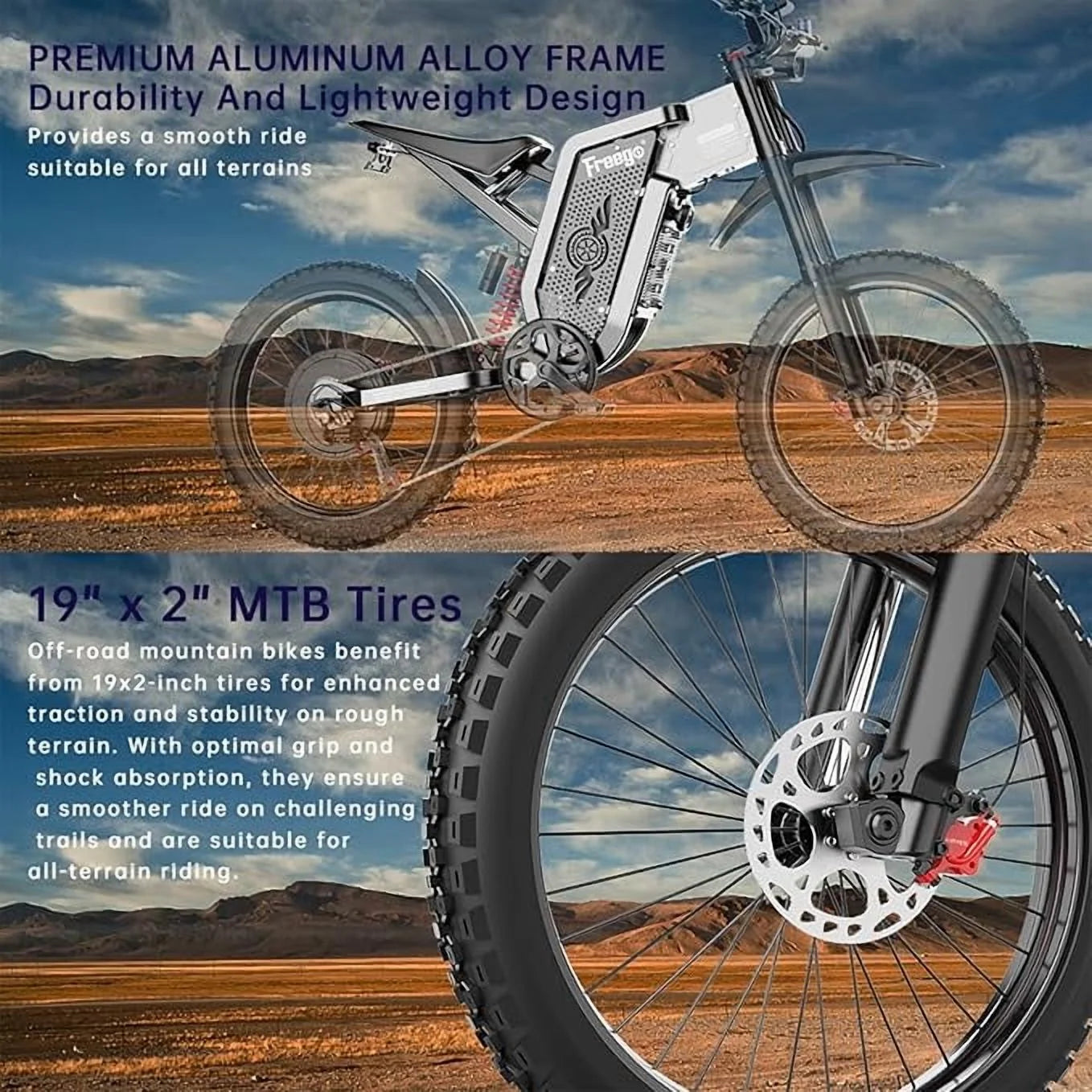 Freego X2pro 6000W(Peak)Motor 60V 30ah Battery Electric Motorcycle for Adults, Electric Dirt Bike Teens, 50MPH Off Road Electric Bicycle, 19x2 Full Suspension/Four - Piston Hydraulic Brake UL2849