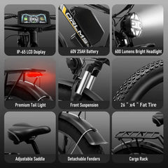 5000W (Peak) Electric - Bike for Adults, 60V 25AH Battery Electric Motorcycle, Dual - Motor - Ebike 50MPH Ebike, 26*4.0 Fat Tire Electric - Bicycle, AWD 21 - Speed Mountain Bike for All - Road UL 2849
