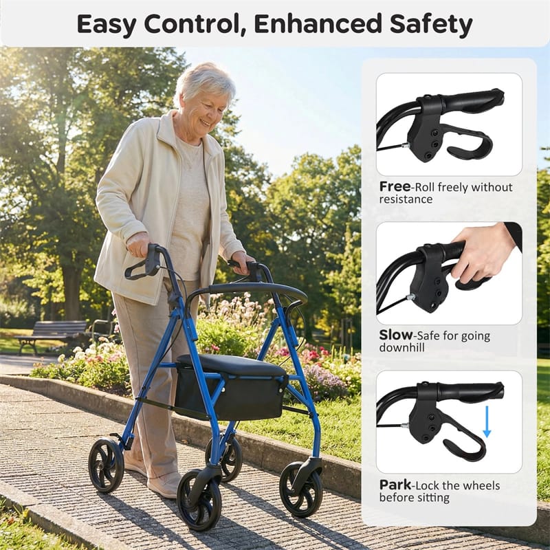 Foldable Rollator Walker with Seat & Height Adjustable Handles for Seniors, Lightweight Portable Rolling Walker w/ 8" Wheels & Storage Basket