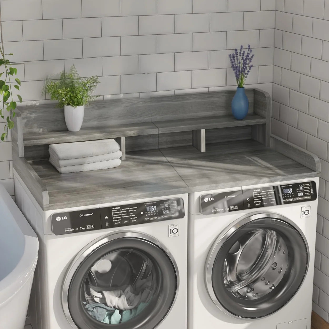 Wood 2 - Tier Washer Dryer Countertop with Edge Rails, 54" W x 27.5" D Washer and Dryer Topper for Laundry Room Organization and Storage, Walnut