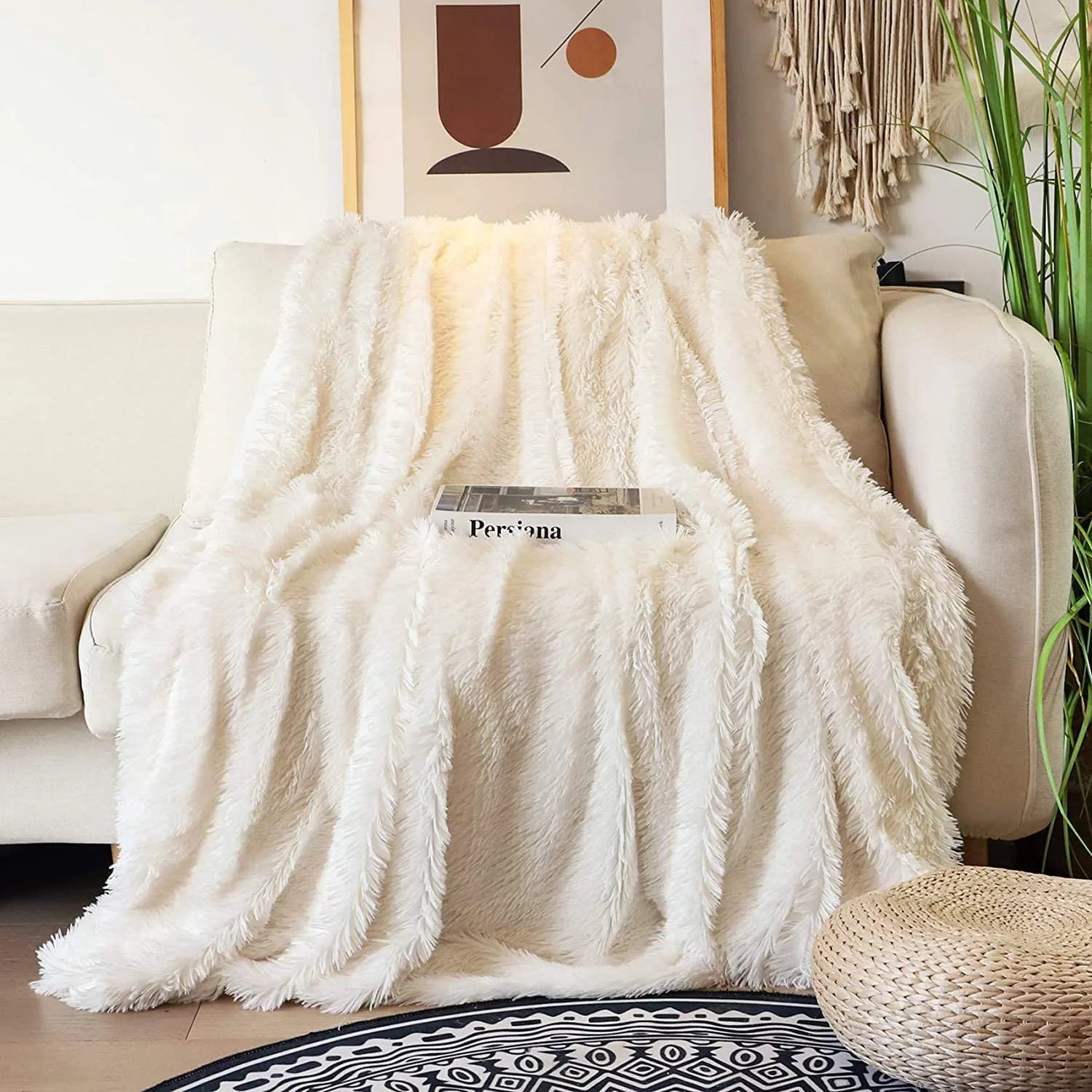 Junovo Super Soft Throw Blanket for Bed, Fluffy Cozy Plush Light Blanket, Washable Warm Furry Throw Blanket for Couch Sofa Chair Home Decor, 50"x60", Cream White
