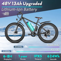 Gocio 26" 4.0 Fat Tire Electric Bike for Adults, 500W Adults E Bike, 48V 13ah Removable Li - Ion Battery, Professional 7 - Speed, Electric Mountain Bicycle Beach Bike Snow Bike Ebike for Men