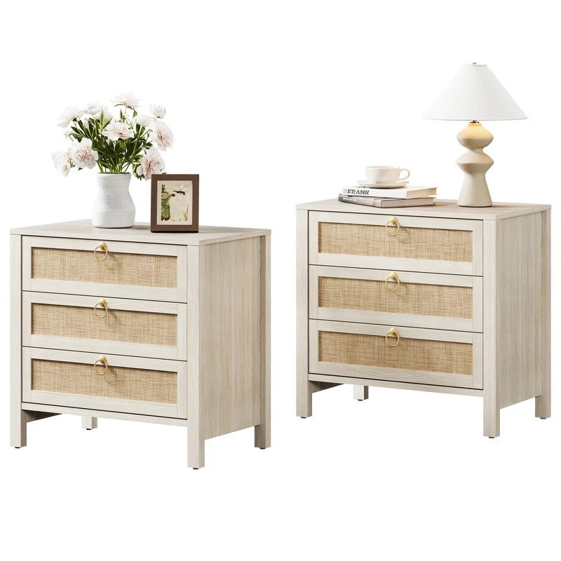 Surmoby Oak Boho 3 - Drawer Nightstand Set of 2 - Extra Wide Storage Night Stand with Gold Handles Large&Tall Bed Side Table for Bedroom Living Room Enterway