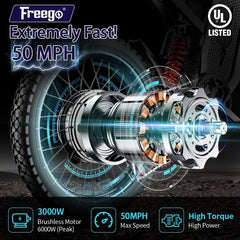 6000W(Peak) Motor 60V/35ah Battery, Freego X2pro Electric Motorcycle for Adults, Electric Bike 50MPH/7 Speed Off Road Electric Bicycle, 19x2 Full Suspension/Four - Piston Hydraulic Brake UL2849MTB