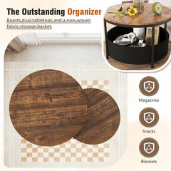 Tangkula Round Nesting Coffee Table Set of 2 with Fabric Storage Basket & Metal Frame