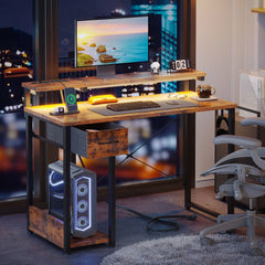 40 in Computer Desk with Power Outlets & LED Lights, Home Office Desk with 3 Drawers & Adjustable Monitor Shelf, , Writing Desk with Storage Bag, Vintage