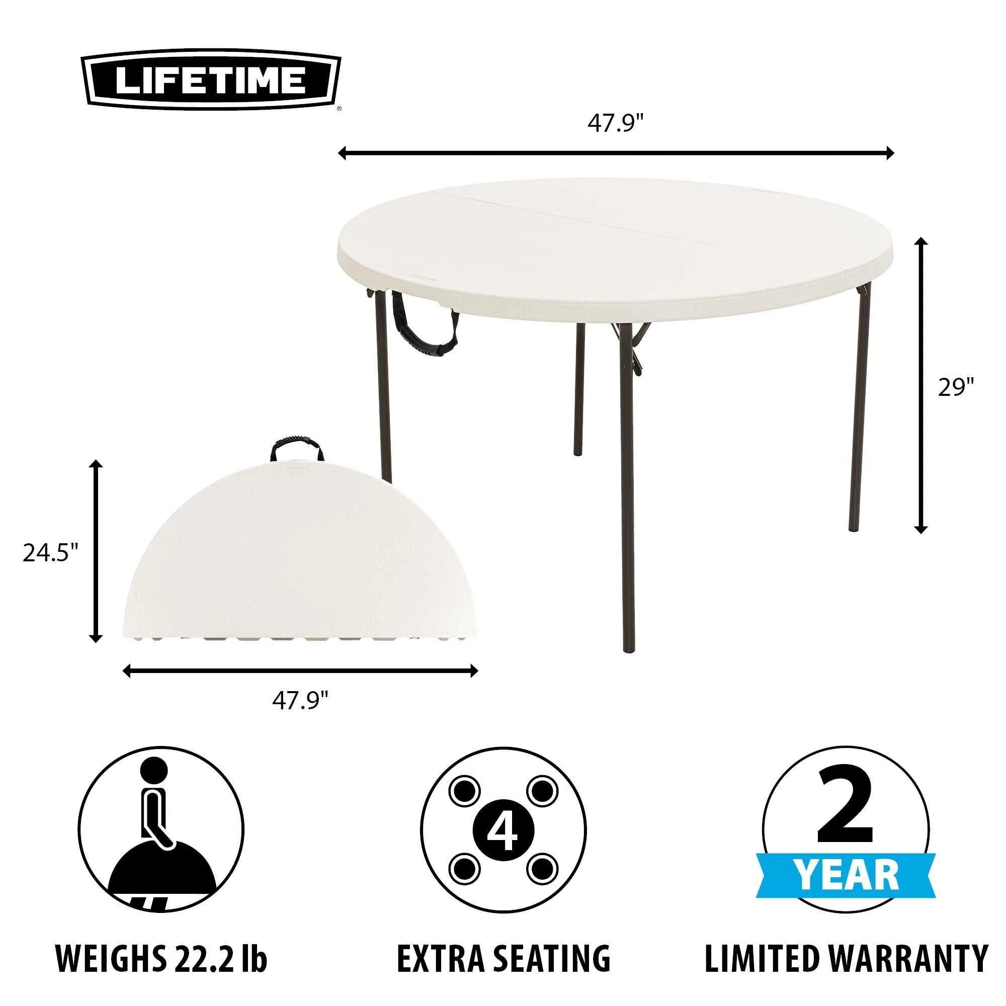 Lifetime 48 in Round Fold - in - Half Table, Indoor/Outdoor Essential, White Granite (280064)