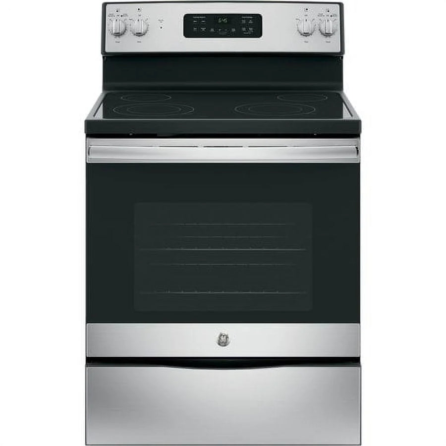 Ge® Appliances 30" Free - Standing Electric Range Model JB645RKSS in Stainless Steel. APPROXIMATE DIMENSIONS (Hxwxd) 47 Height x 29 7/8 Width x 28 Dimension In. Two 9"/6" Power Boil Elements, Self - Clean Oven and Dual - Element Bake