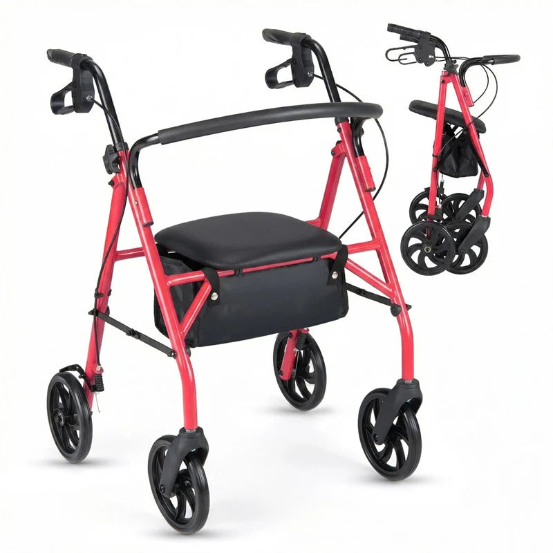 Foldable Rollator Walker with Seat & Height Adjustable Handles for Seniors, Lightweight Portable Rolling Walker w/ 8" Wheels & Storage Basket