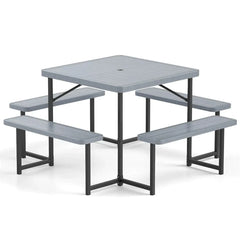 4-8 Person Outdoor Picnic Table Bench Set, All-Weather HDPE Square Dining Table with Umbrella Hole, 4 Benches & Metal Frame for Patio Backyard