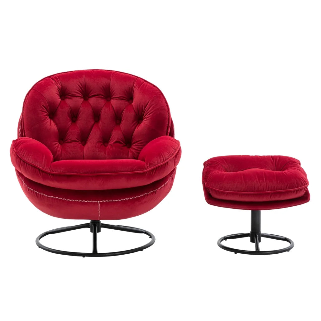 Swivel Accent Chair with Ottoman, Velvet Single Sofa Reading Chair with Metal Frame, Modern Tufted Armchair Comfy Lounge Chairs with Footrest for Living Room, Bedroom, Office, Red