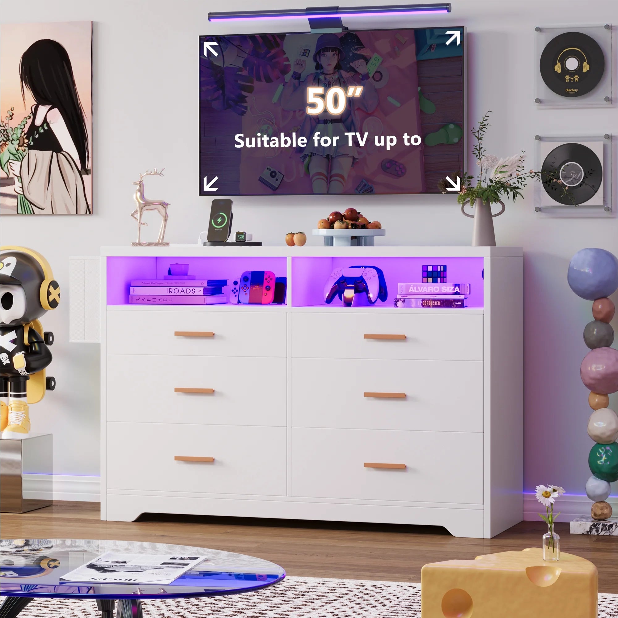 White Dresser for Bedroom, 6 Drawers Dresserwith LED Lights and Charging Station, 47" Wide Bedroom Dresser Chest of Drawers Storage Organizer TV Stand for up to 55" TV for Living Room