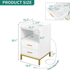 DEXTRUS Side Table with Charging Station, 3 - Drawer LED Light Bedside End Table Nightstand for Bedroom Living Room Small Space, White