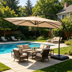 AECOJOY 10x10 FT Cantilever Patio Umbrella with Base, Aluminum Offset Umbrella with 360° Rotation