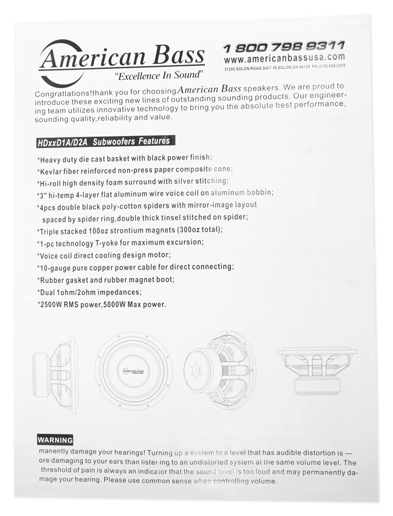 American Bass HD 10 in Subwoofer 1500 Watt RMS and 3000 Watt Max Power, 2 Ohm Impedance, 350 - Oz Magnet, and 3 - Inch Voice Coil, Pack of 1