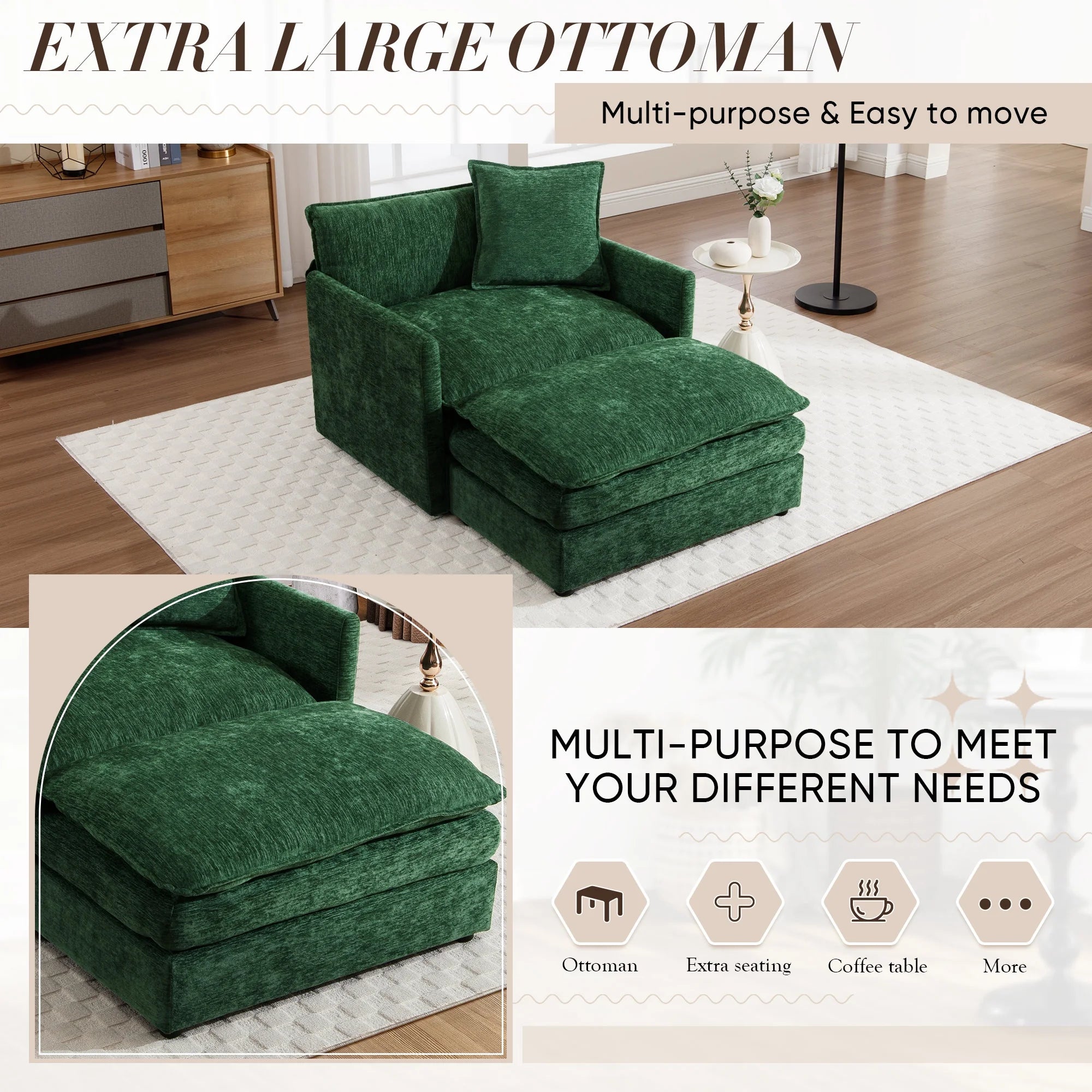 Muumblus Oversized Lounge Chair with Ottoman, Cloud Accent Armchair for Living Room, Beige Chenille