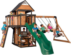 Backyard Discovery Canyon Creek Cedar Wood Swing Set with Wave Slide. Clubhouse. Play Kitchen. Picnic Area. Belt Swings. Web Swing. Rock Wall. Balconies. Playhouse. Step Ladder. Outdoor Playset