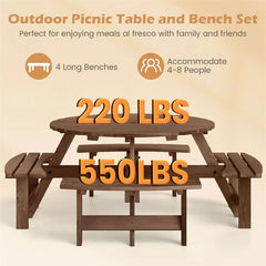 8-Person Round Wood Picnic Table Set with 4 Built-in Benches & 2" Umbrella Hole, Holds 2420 LBS, Outdoor Dining Table & Bench for Patio Garden
