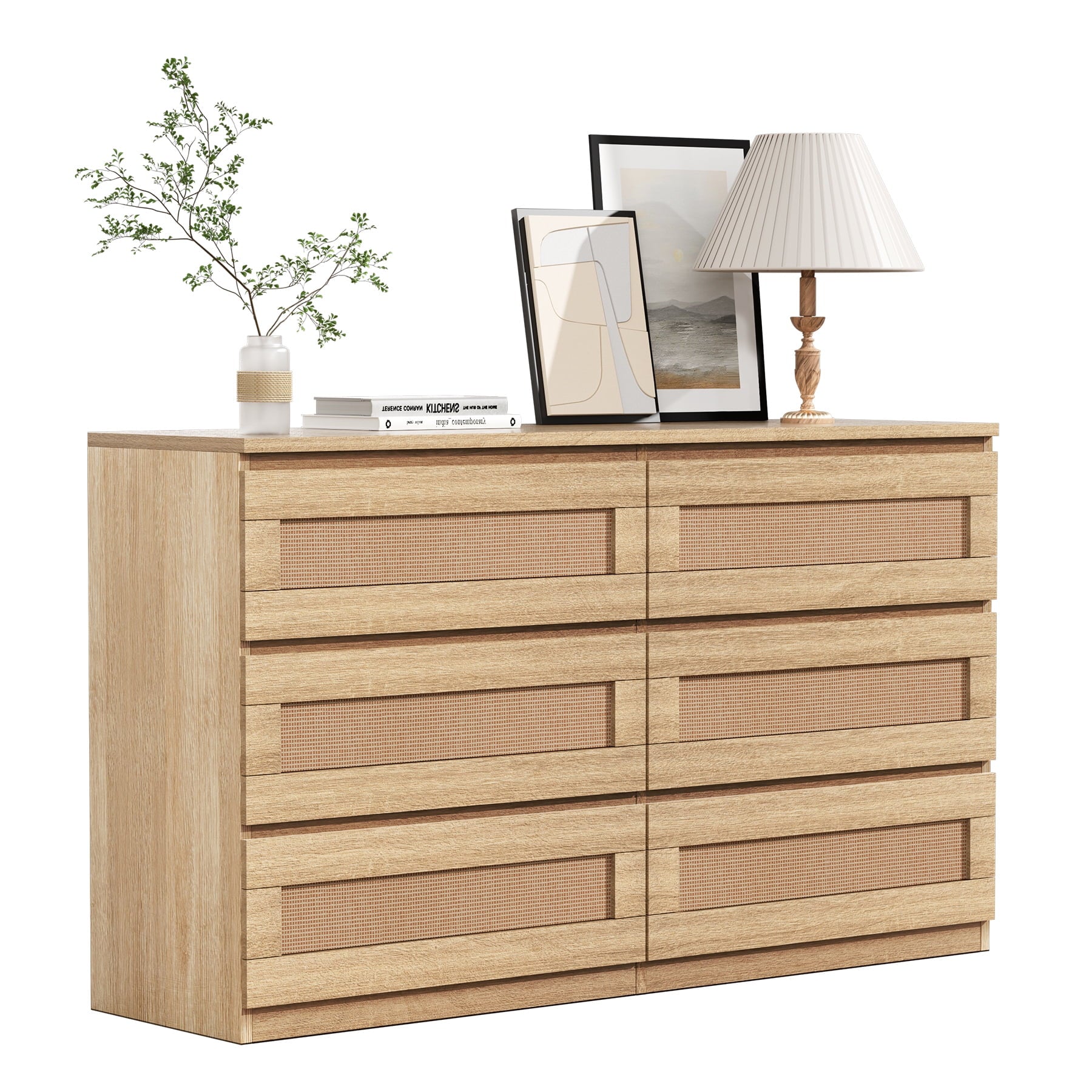 Garvee Rattan Dresser for Bedroom 6 Drawer, Double Dresser with Anti - Tip Kit, Wood Storage Wide Chest of Drawers for Bedroom, Living Room, Hallway, Oak Color