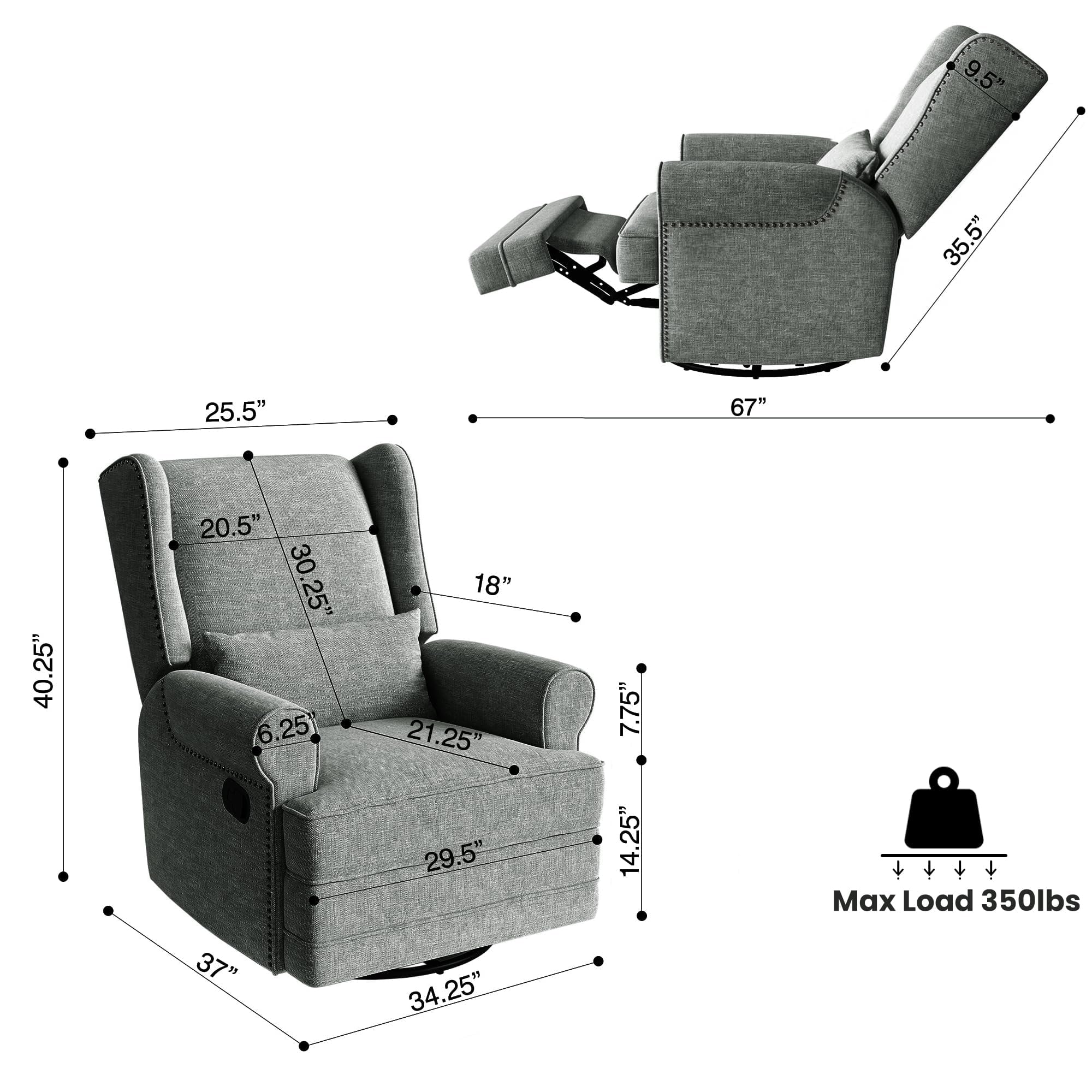Royalcraft Swivel Nursery Glider Recliner, Comfy Upholstered Glider Chair with Lumbar Pillow and Footrest, Beige