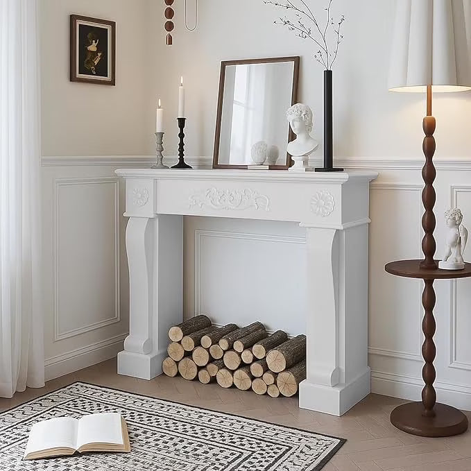 EPICOZY 44.5" Fireplace Mantel, Freestanding Fireplace Surround with Leg for Electric Fireplaces, MDF Mantel Surround with Shelf for Living Room with Decorative Pattern, Anti - Tipping & Waterproof