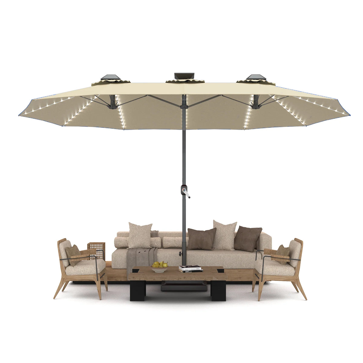 AECOJOY 15ft Patio Double-Sided Umbrella, 156 PCS Solar LED Light Outdoor Large Umbrella, Beige