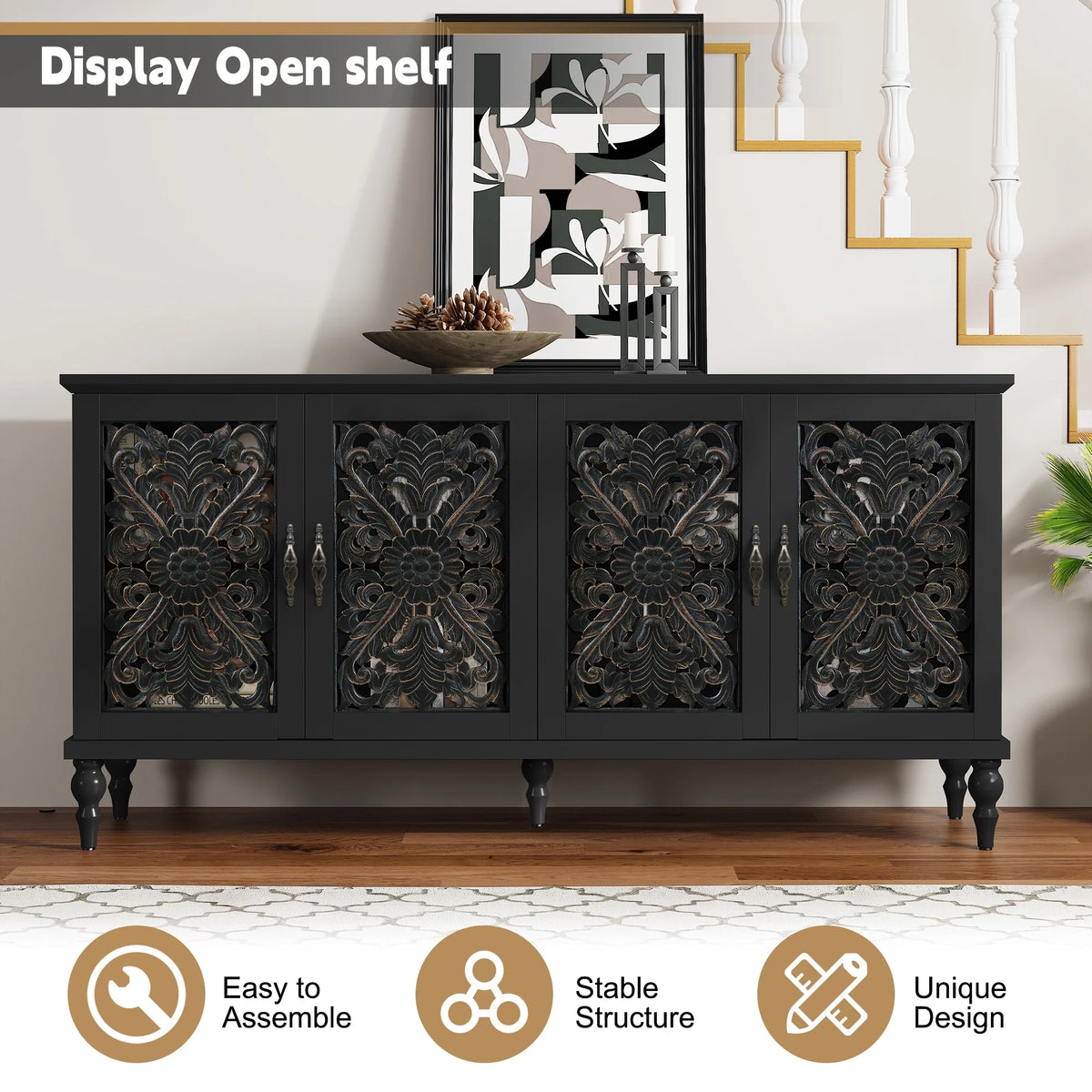 HLR 48" Accent Cabinet with 4 Doors, Vintage Hollow Carving Storage Credenza, Sideboards and Buffets Cabinet for Living Room, Kitchen, Dining Room, Entryway