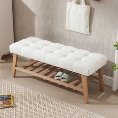 Dayalane Upholstered Storage Bench with Shoe Rack, Linen Fabric Entryway Bench for Living Room, Bedroom and Hallway, Multi Functional Ottoman with Solid Wood Shelf, Beige