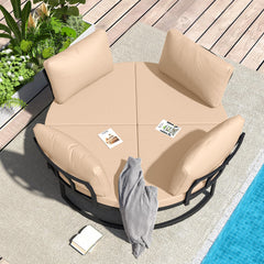 AECOJOY Patio Furniture Outdoor Round Daybed with Removable Cushions 4 Piece Sectional Sofa Patio Furniture Set, Beige