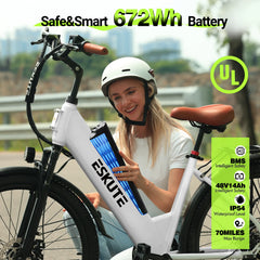 ESKUTE White Electric Bike for Adults - Peak 1500W Brushless Motor, 19MPH, 500W Motor 48v14ah Removable Battery, 26" Step - Thru Cityrun Ebike, 7 - Speed, up 70 Miles, Commuter E - Bike, with NFC Unlock