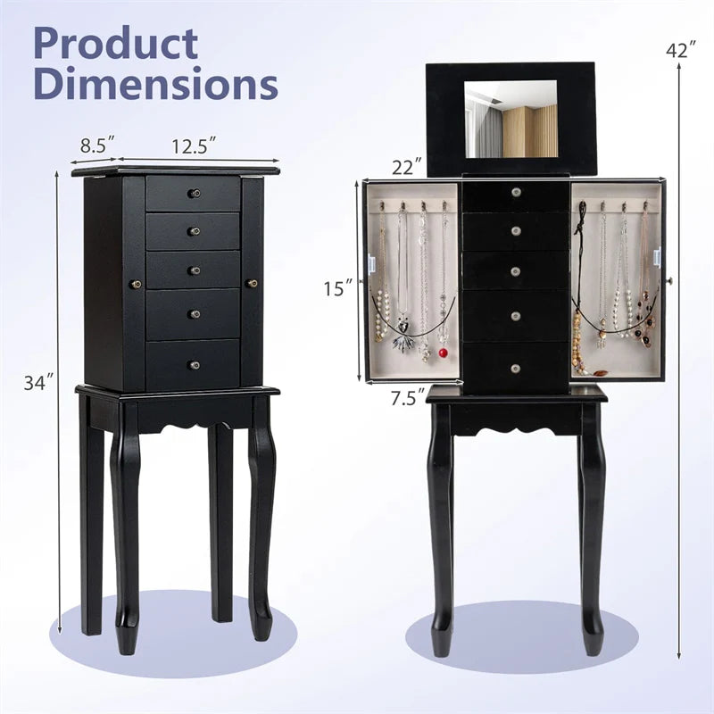 Standing Jewelry Armoire Cabinet with Flip Top Mirror, 4 Drawers, 8 Necklace Hooks & 2 Side Doors, Jewelry Storage Organizer Chest for Bedroom