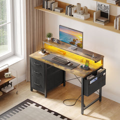 40 in Computer Desk with Power Outlets & LED Lights, Home Office Desk with 3 Drawers & Adjustable Monitor Shelf, , Writing Desk with Storage Bag, Vintage