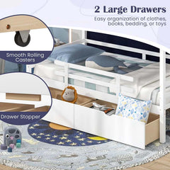 Twin House Bed with Storage Drawers & Dustproof Tent, Solid Wood Montessori Bed Frame with House Roof & Rails for Boys Girls Teens