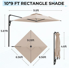 AECOJOY 10FT Large Patio Umbrella with Solar Lights, Rectangle Wall Mounted Outdoor Patio Umbrella, Beige