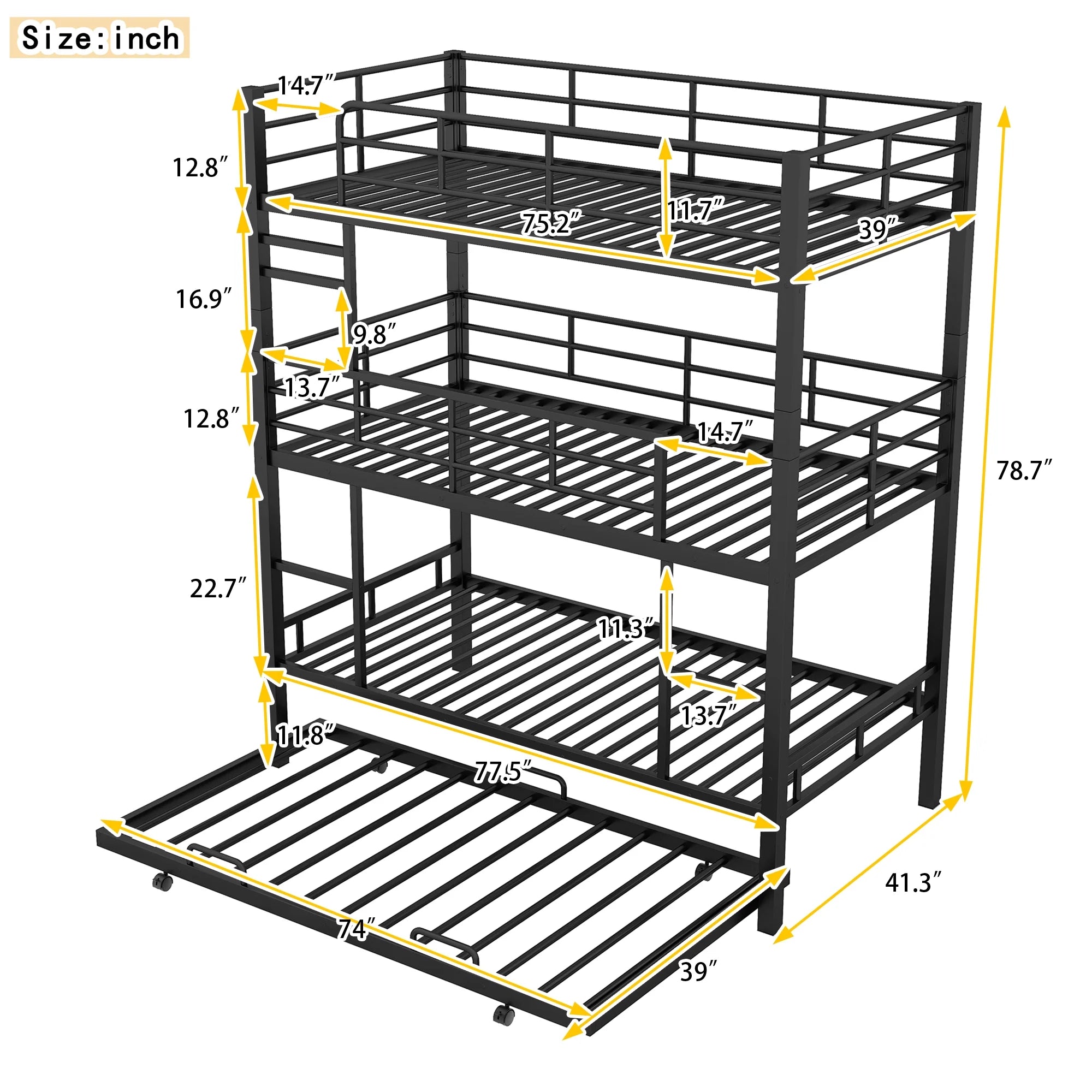 Harper & Bright Designs Metal Triple Bunk Bed Twin Over Twin Bunk Bed with Ladder and Safety Guardrail 3 Bunk Bed for Living Room Bedroom, Sliver