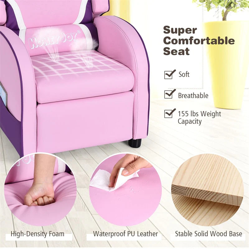 Kids Recliner Chair, Adjustable PU Leather Gaming Sofa with Footrest, Lumbar Support & Side Pockets, Ergonomic Children Lounge Armchair