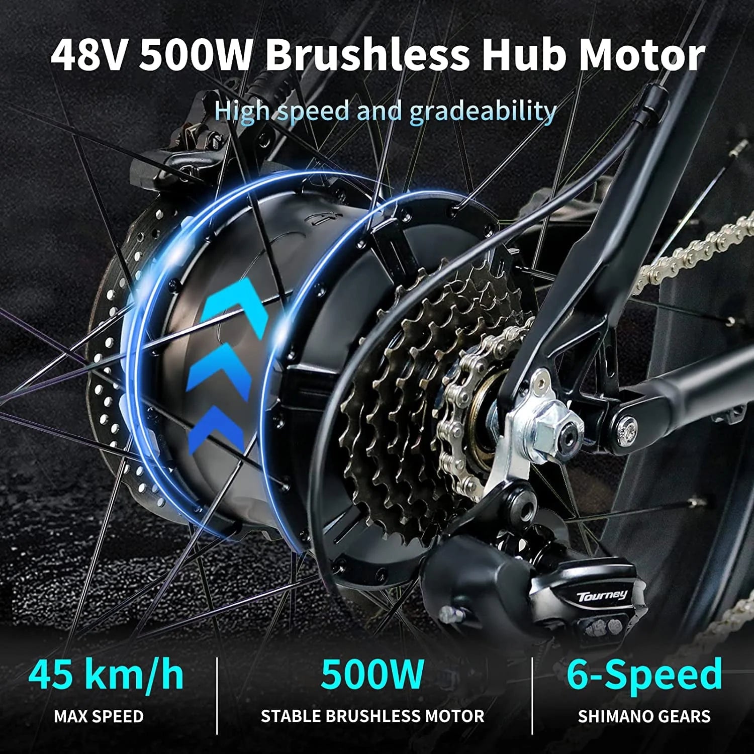 Electric Bike Electric Mountain Bike 500W Ebike26'' Fat Tire Ebike, 28+MPH Adults Ebike with Removable 48V 15ah Battery, Shimano 6 - Speed Black