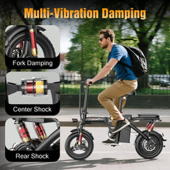 ASKGO 1200W Peak Motor, Folding Electric Bike for Adults Teens, 14'' Commuting Bike, Max 28MPH/35 Miles E - Bike, 3 Speed Double Mini Electric Bike, UL2849